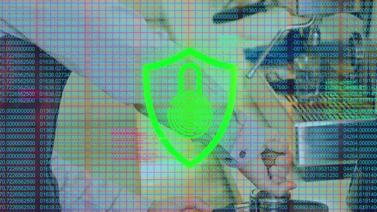 3D render showing green shield with fingerprint protecting scrolling code overlaying office desk