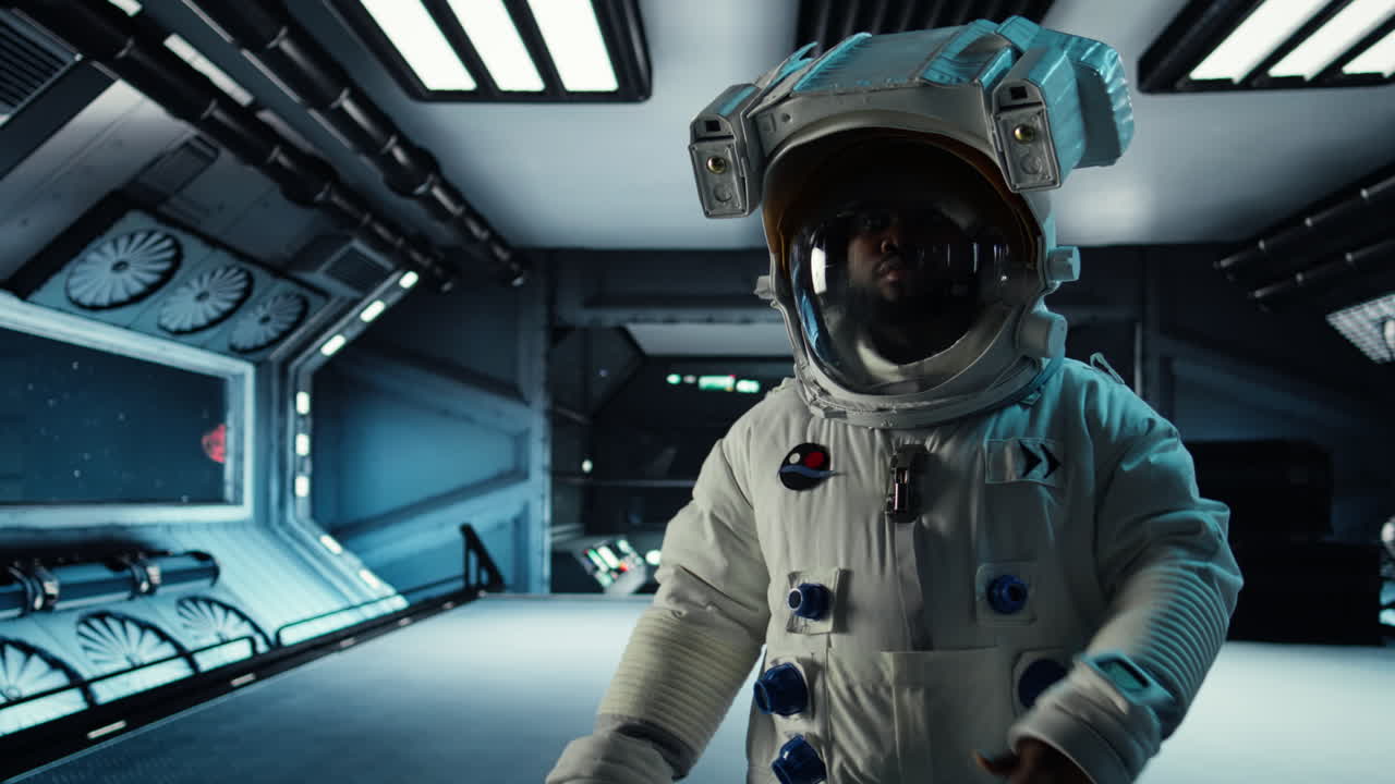 Vertical video Researcher wearing helmet travelling in space with starship