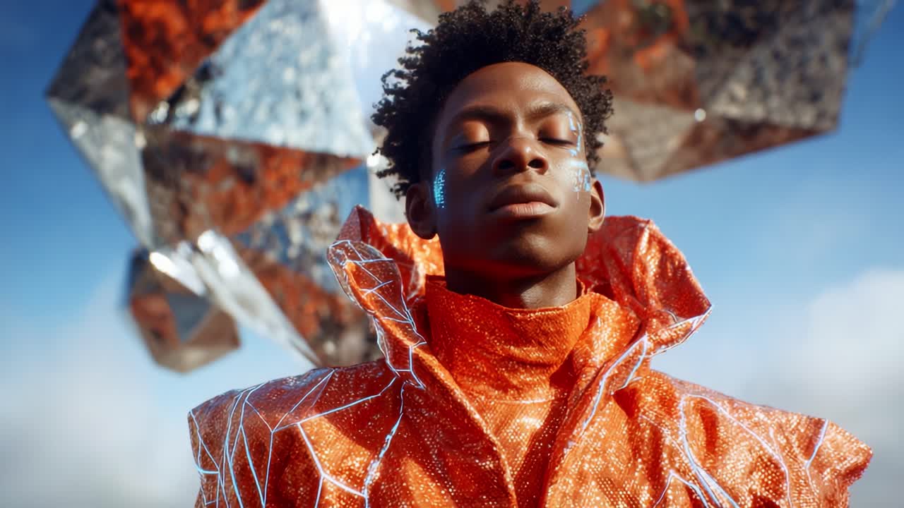 A striking portrait showcasing a confident individual adorned in a vibrant orange, futuristic outfit that reflects light, with an artistic, holographic background emanating creativity and innovation