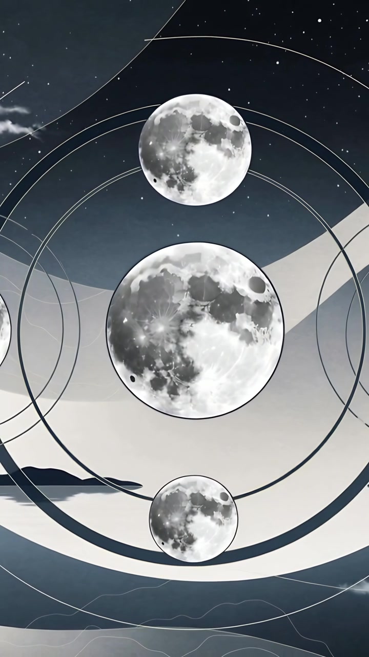 Video verticale: Tre lune animate e anelli concentrici sul mare notturno, con archi curvi che formano un motivo.