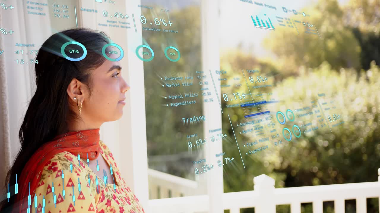 Woman standing at doorway, frames moving, teal charts layering across window, monitoring markets
