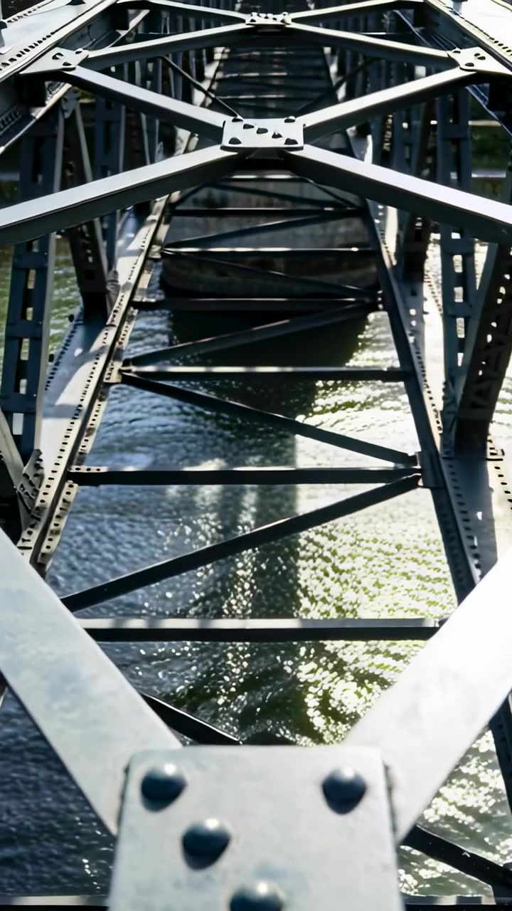 Vídeo vertical: Câmera em movimento revelando junta rebitada e escoras em X na ponte, mostrando rio iluminado pelo sol