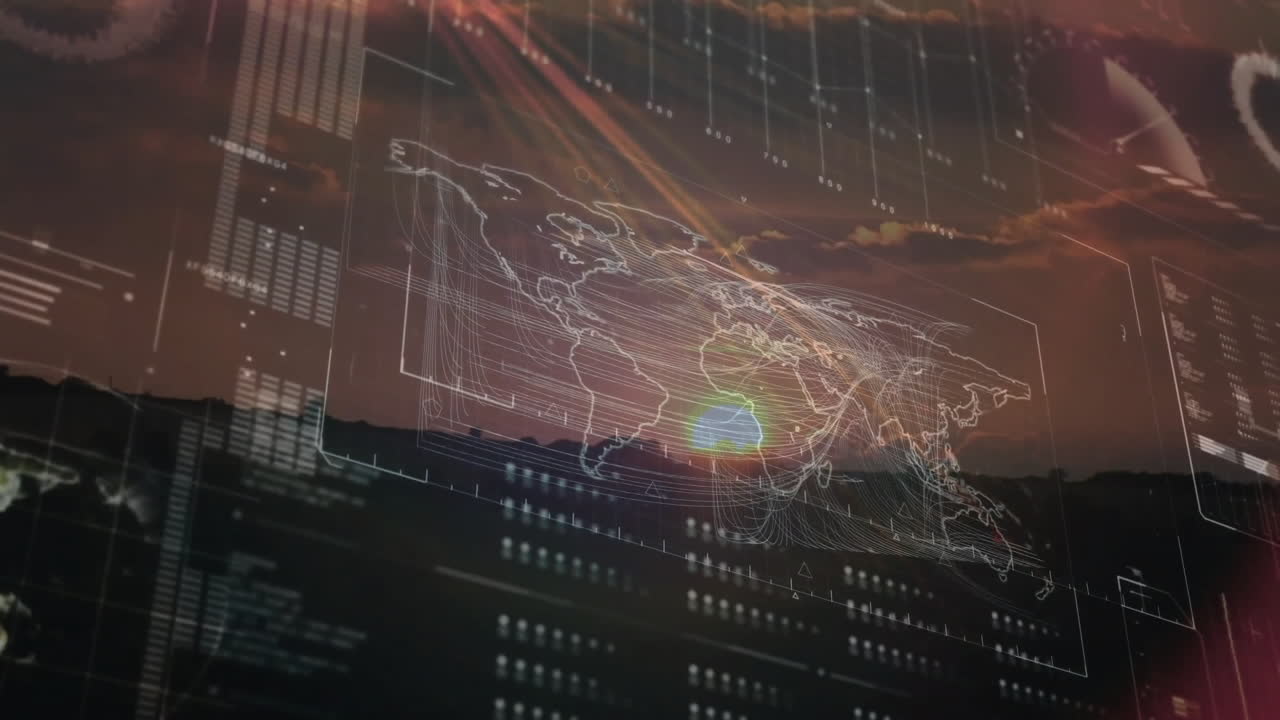 Central transparent world map overlay showing flowing data lines plus glowing heat spot with panels