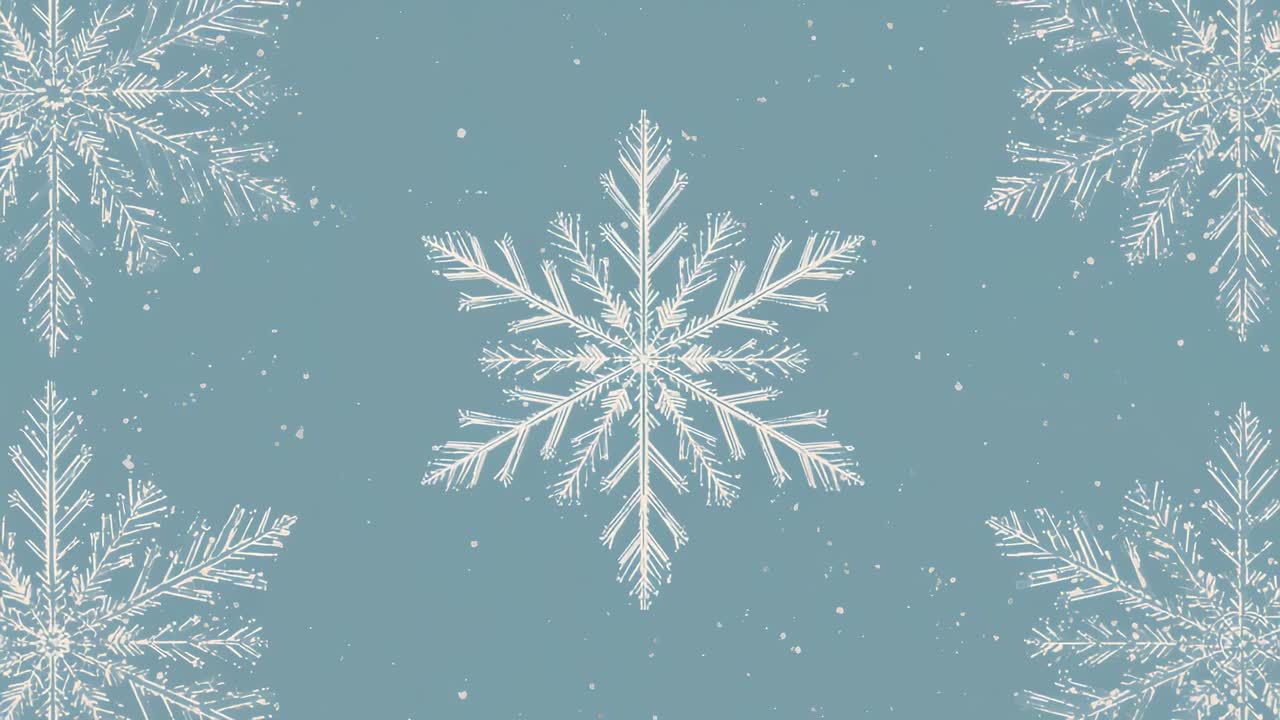 Loop starting central snowflake rotating on teal for loop, corner flakes shifting, flecks drifting
