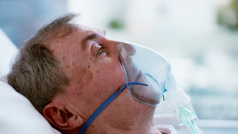 oxygen mask, senior man and patient in a hospital