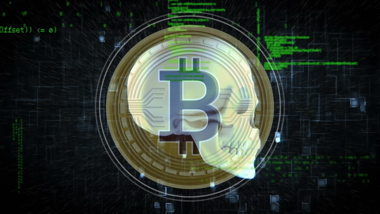 animación de cráneo y bitcoin sobre el procesamiento de datos en fondo negro