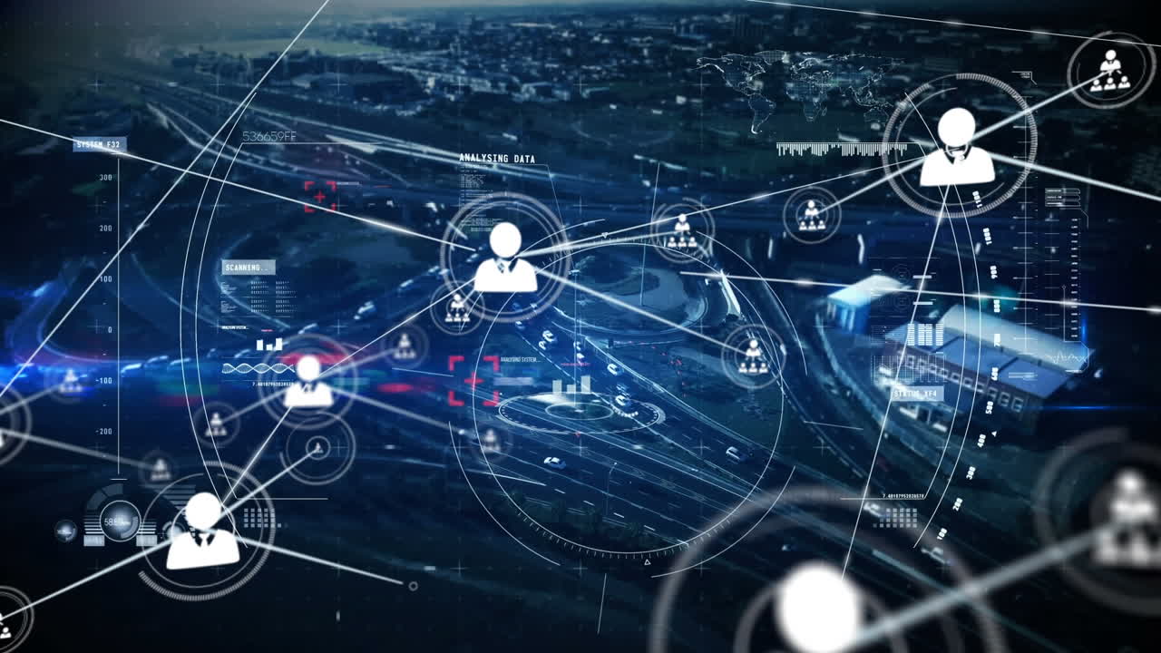 도시 풍경 위의 아이콘으로 연결된 네트워크의 애니메이션