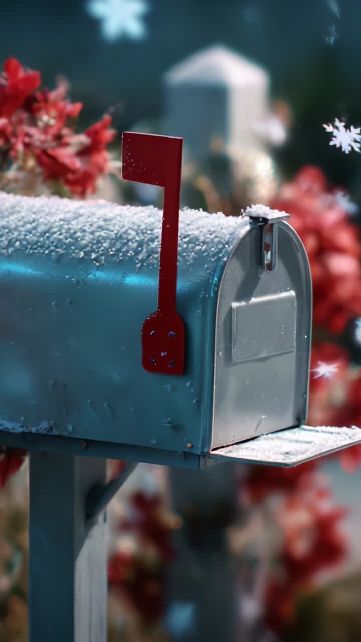 Una cassetta postale con bandiera rossa coperta di neve con uno sfondo floreale vivace, che evoca un’atmosfera invernale e l’attesa di lettere e pacchi in arrivo