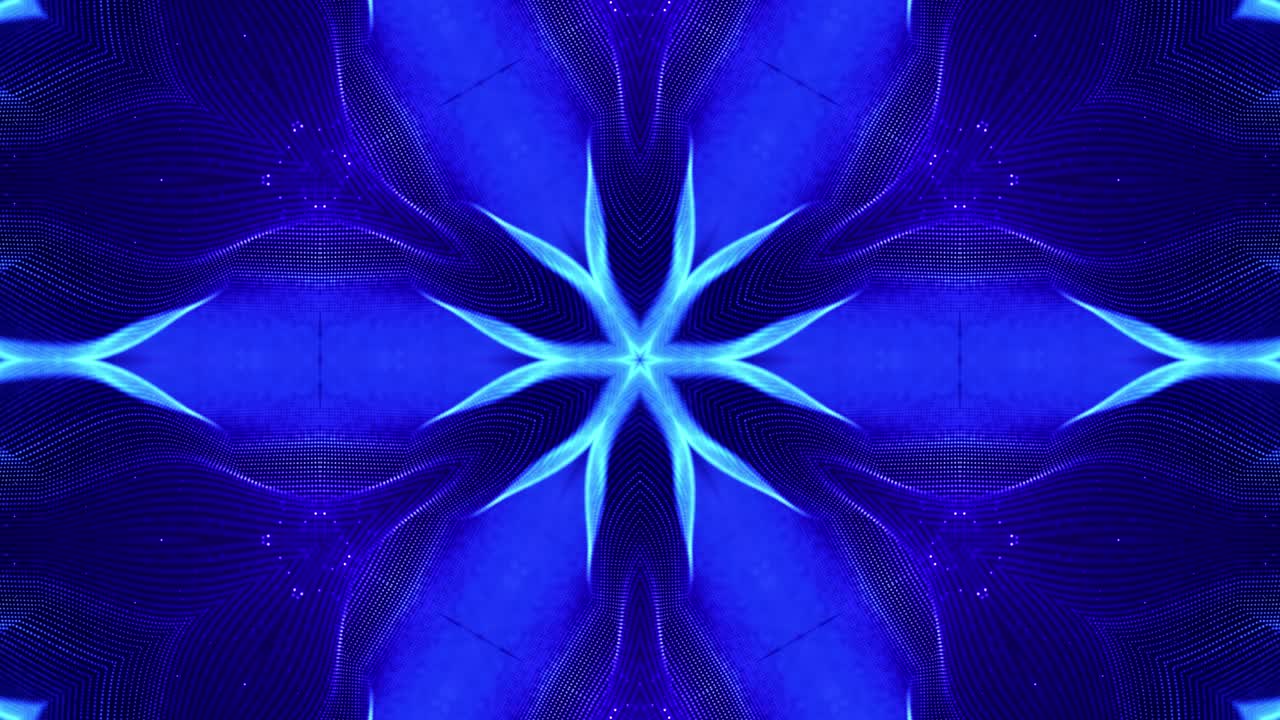las partículas de brillo forman estructuras simétricas complejas como estrellas o flores. efecto caleidoscópico. 4k looped sci-fi 3d bg con partículas forman líneas, superficies. tema abstracto de microworld o nanotecnología