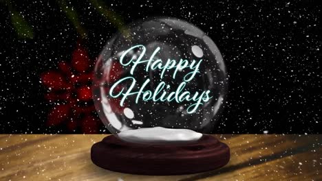 animation of snow globe with seasons greetings and shooting star over snow falling