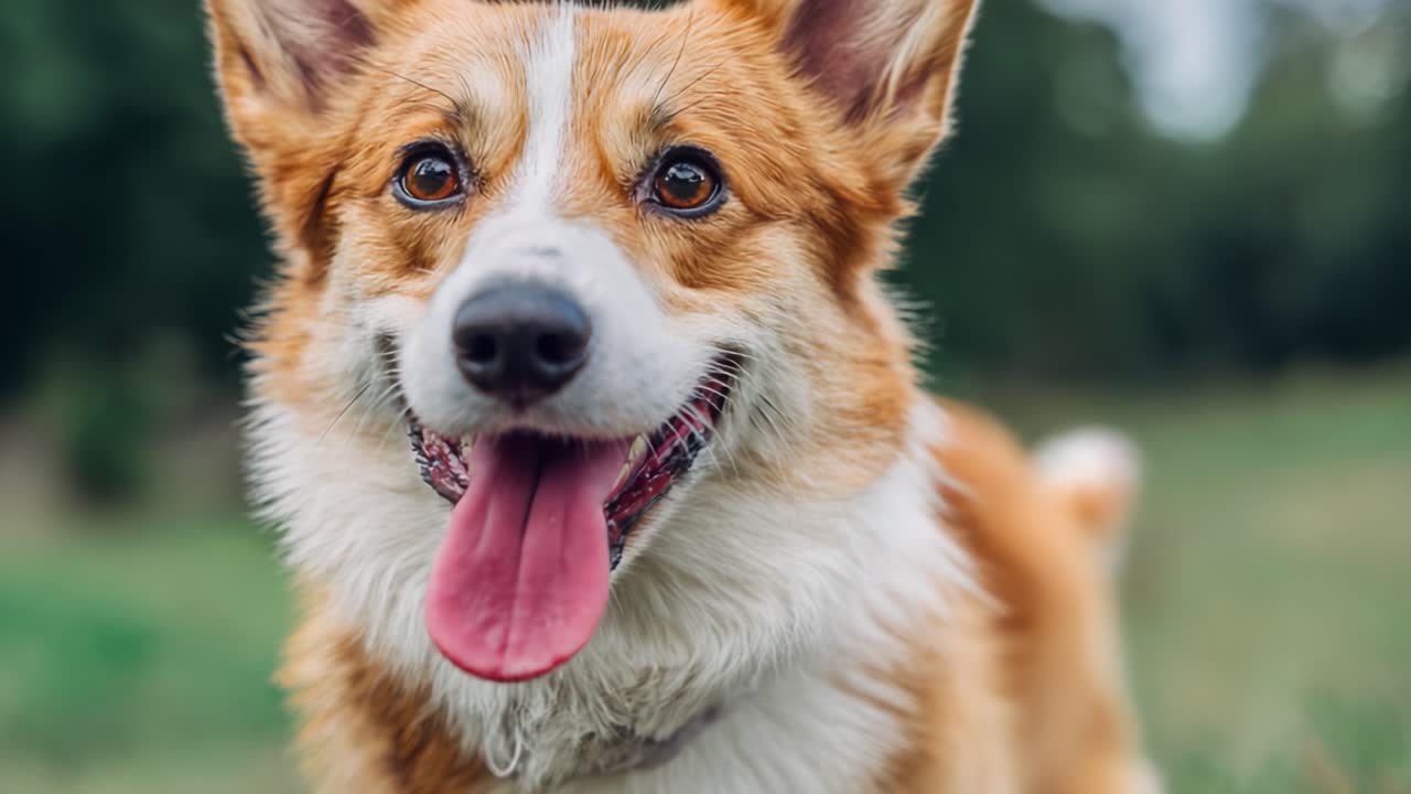 A delightful and playful corgi dog smiles joyfully in a lush green outdoor setting, capturing the essence of happiness and companionship in every frame