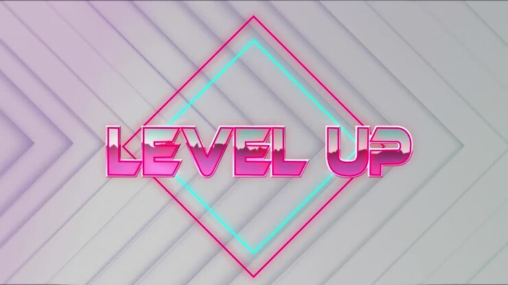 Animation of level up text over light trails on white background