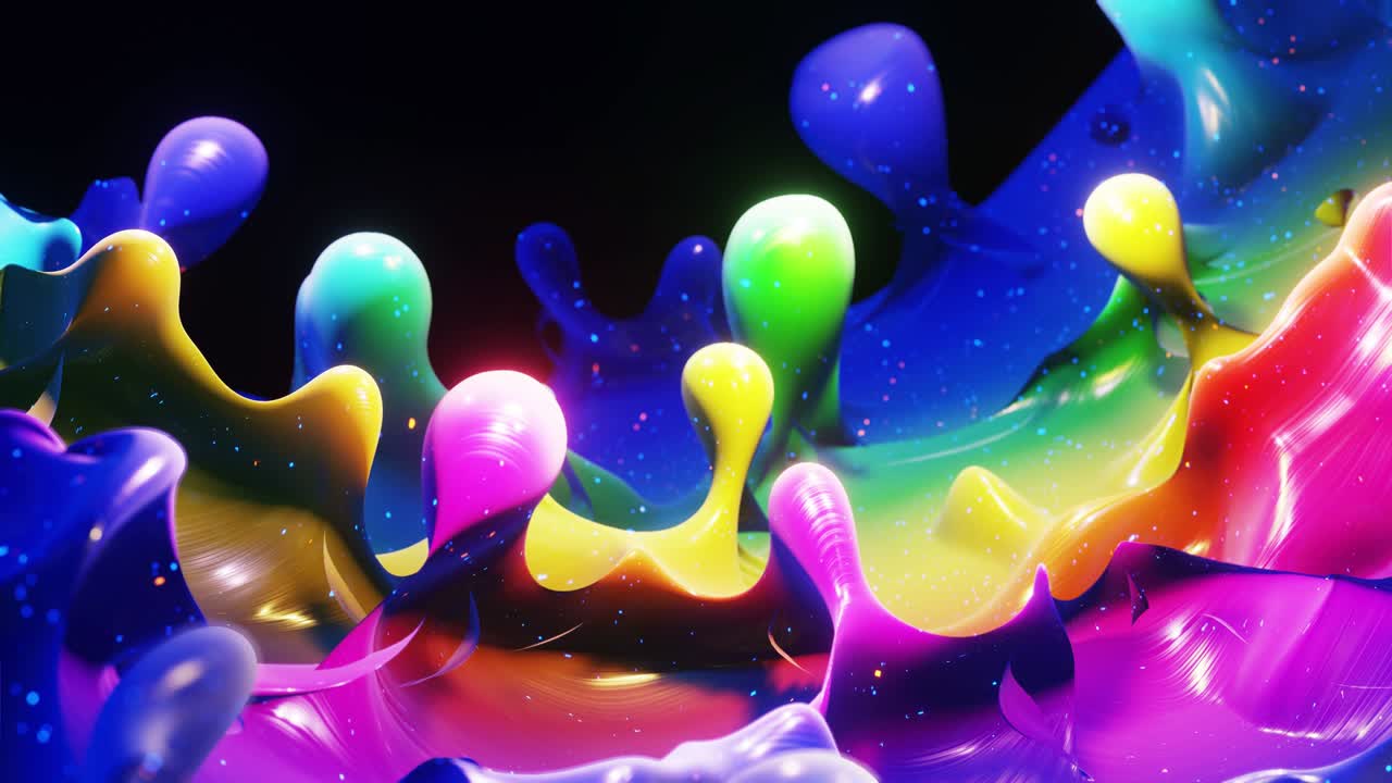 4k에서 액체 그라디언트 무지개 색의 부드러운 추상 애니메이션, 추상적인 루프 축제 배경으로 밝은 반이는 페인트 표면, 물방울처럼 표면에 3d 스플래시와 함께 점성 액체에 반이는.