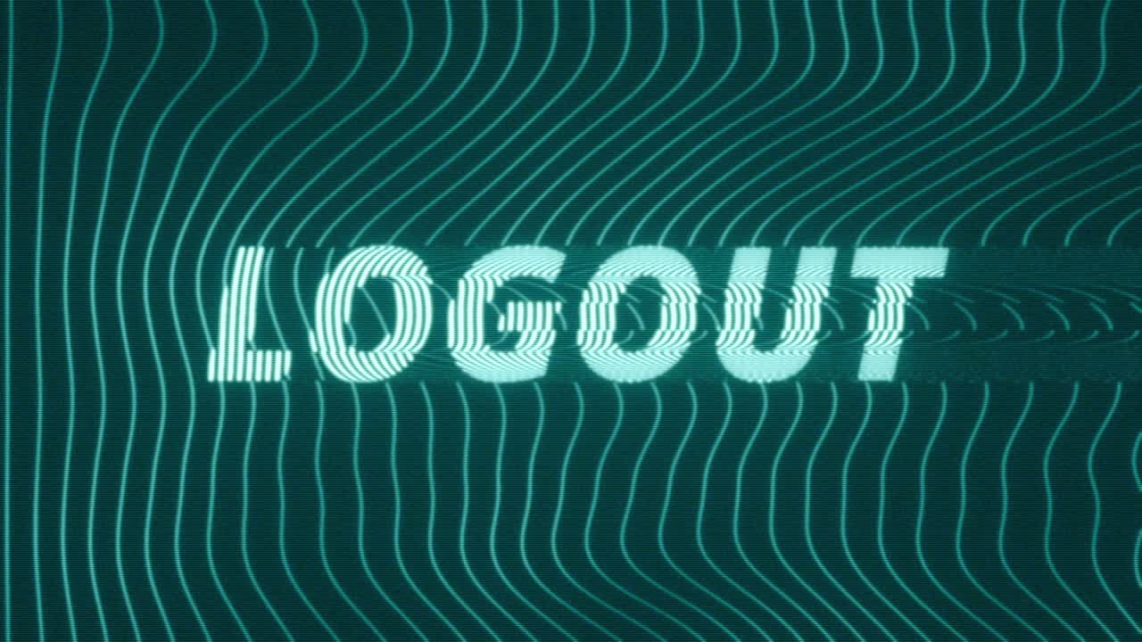 Animated cyber interface concept featuring glitching Logout text over a dark blue background with flowing neon wave lines and subtle digital distortion