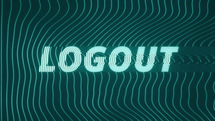 Animated cyber interface concept featuring glitching Logout text over a dark blue background with flowing neon wave lines and subtle digital distortion