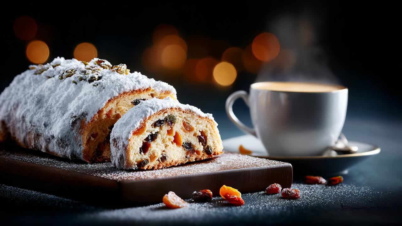 A Beautifully Arranged Slice of Traditional Sweet Cake with Nuts and Dried Fruits Served Alongside a Hot Cup of Coffee, Perfect for Cozy Evenings, Celebrations, or Simple Indulgence in Culinary Delights