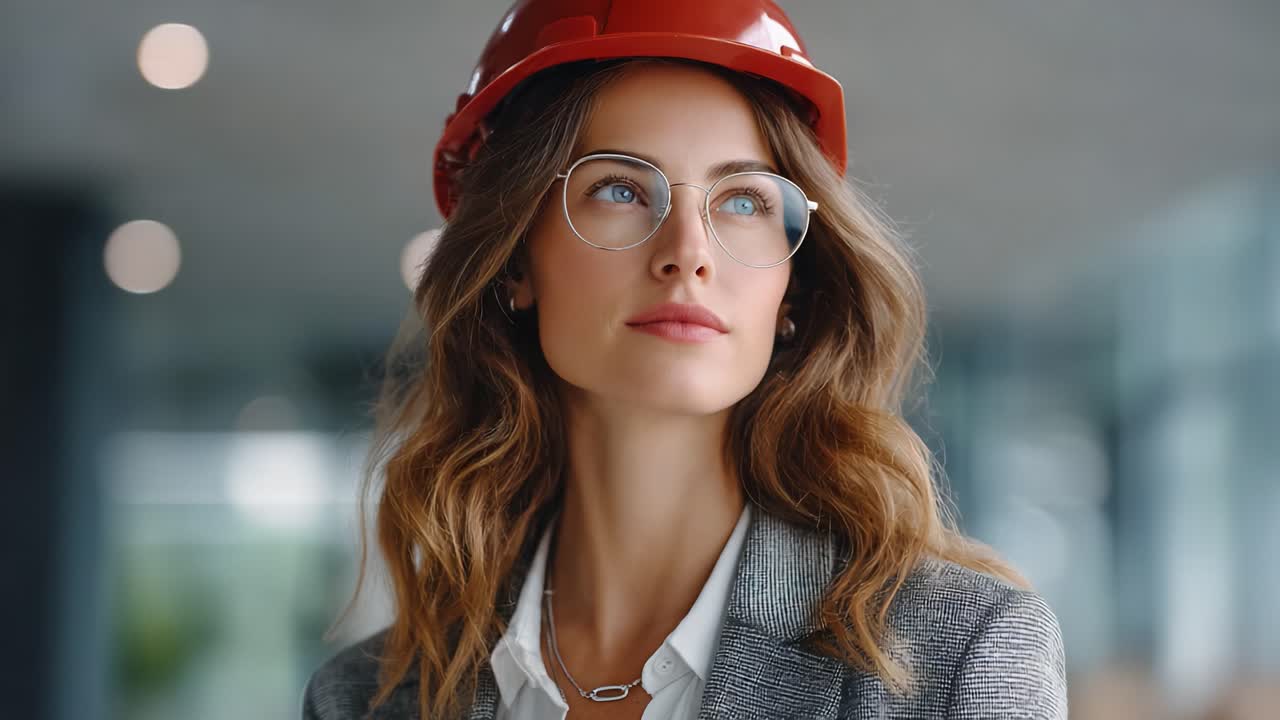 A Confident Young Woman in a Hard Hat and Glasses, Reflecting Professionalism and Determination in a Modern Workspace Setting