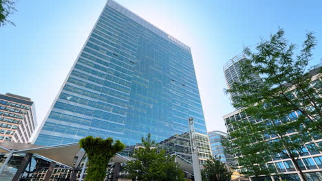 green urban landscape scene. tall glass buildings surround a vibrant green park with trees in the heart of a bustling city on a sunny day