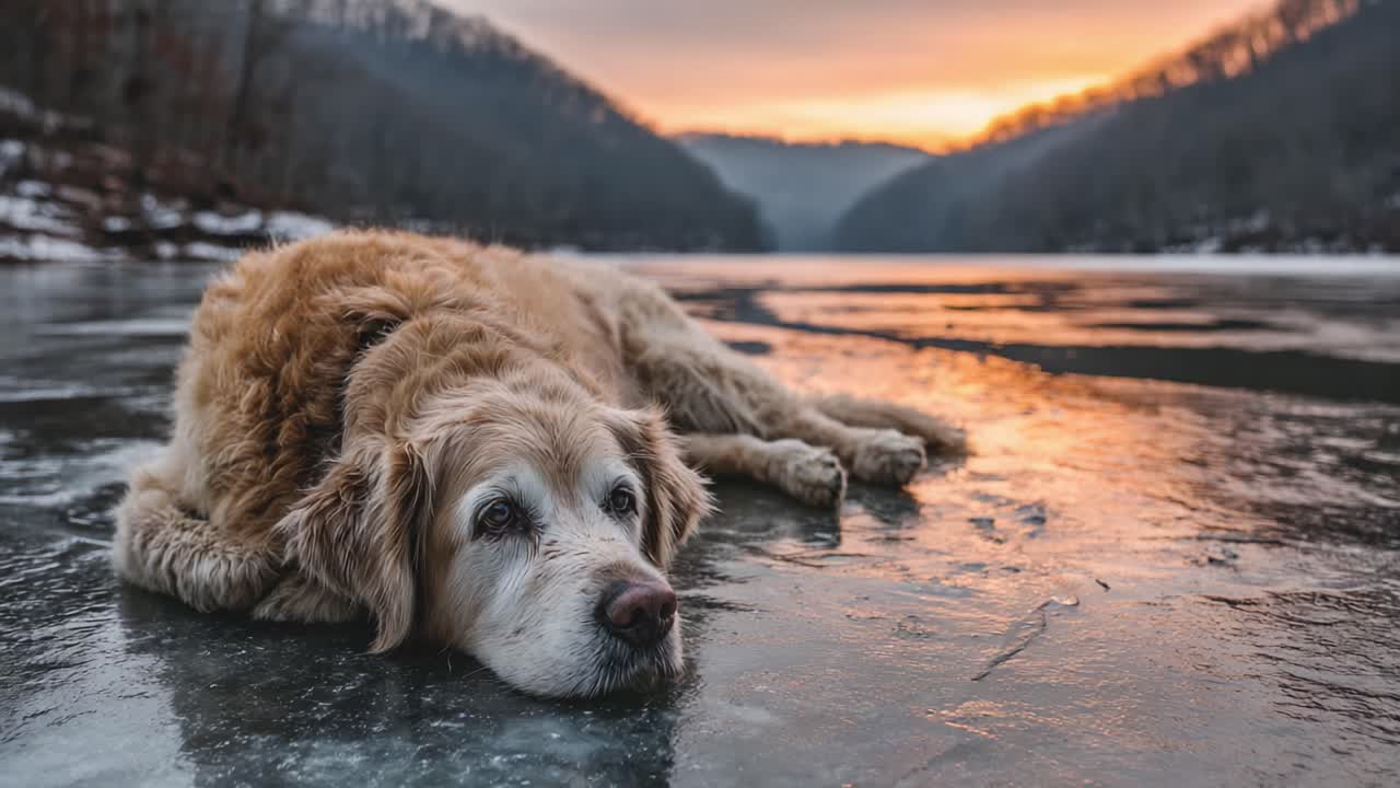 Günün batımında gölün buzunda huzurlu bir anın tadını çıkaran sakin bir Golden Retriever, büyüleyici bir manzarada doğanın ve arkadaşlığın dinginliğini yakalıyor