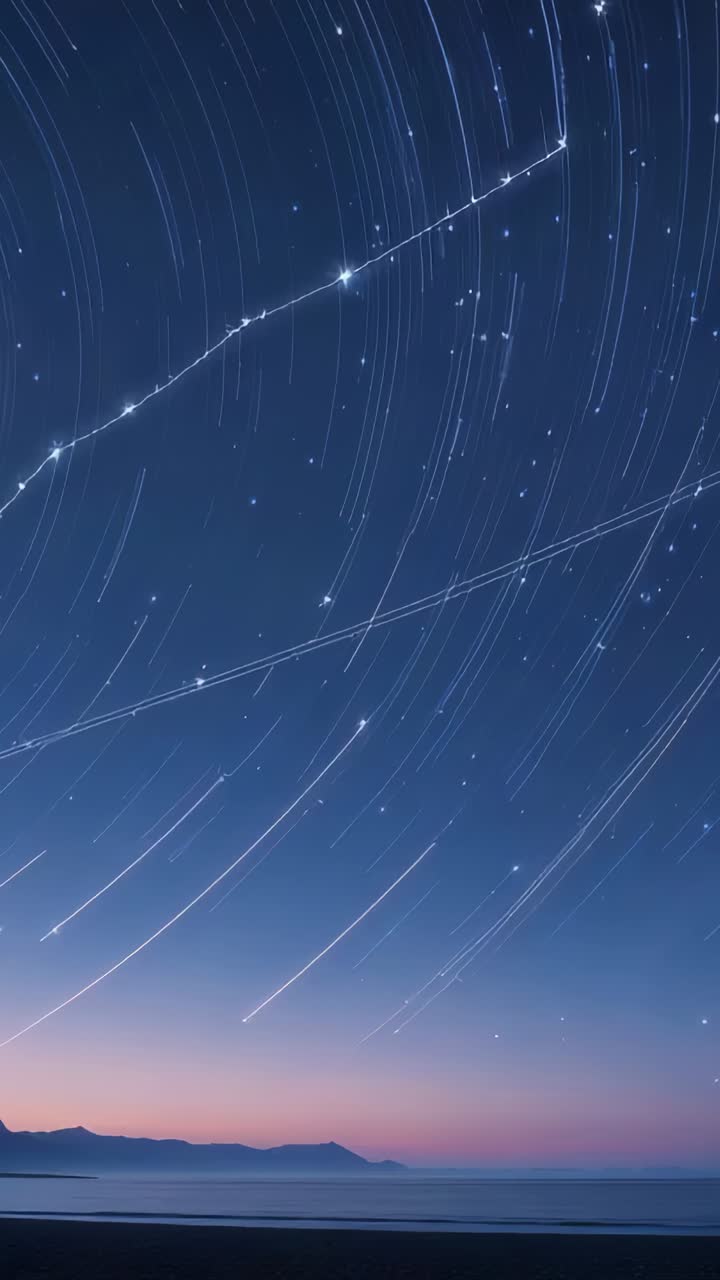 Vertical video: Starting capture, star trails circling sky over coast, calm water showing rotation