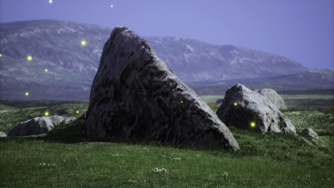 Majestic rock formations glowing under a starlit sky in a serene landscape