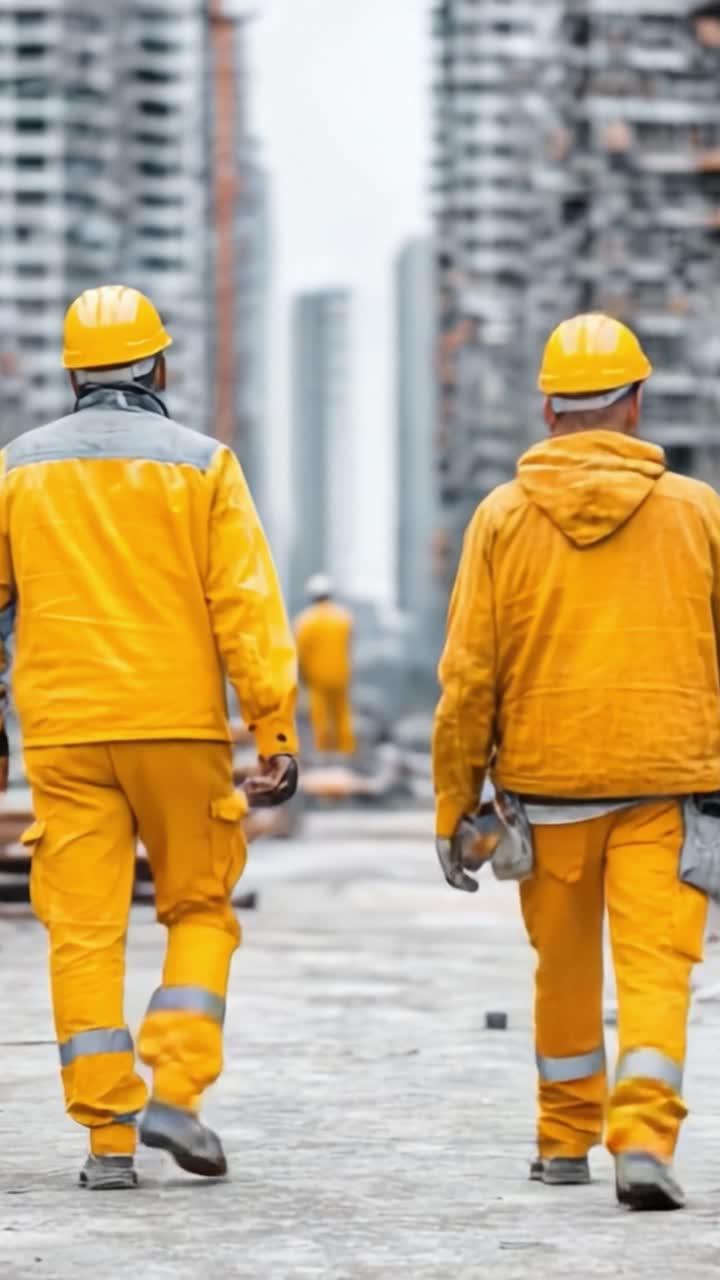 Construction Workers in Yellow Gear Walking Through a Building Site, Highlighting Safety and Teamwork in Urban Development Environment