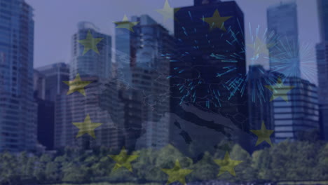 animation of fireworks exploding over european union flag and map against tall buildings