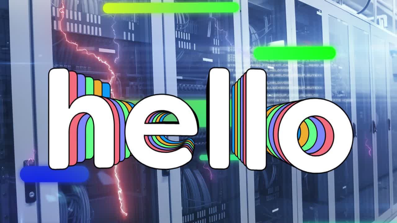 Animation of hello text and data processing over computer servers