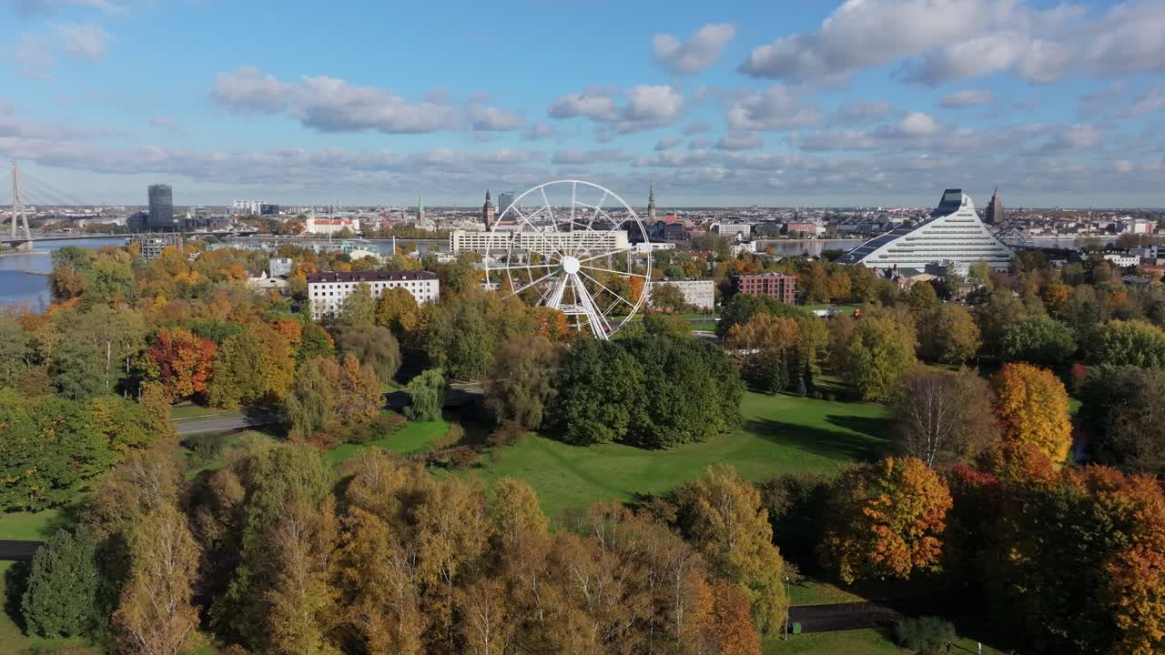 Riga Latvia Victory Park autumn foliage aerial drone shot climate change theme