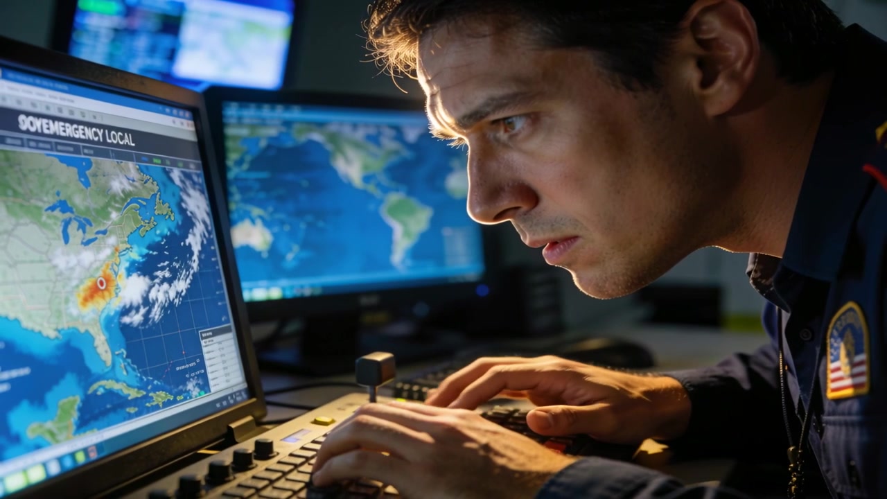 Vedendo la tempesta sul monitor, un operatore in uniforme con una toppa USA si china per regolare la console, monitorando la tempesta.
