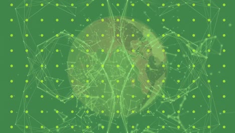 animation of globe with network of connections over rows of dots on green background