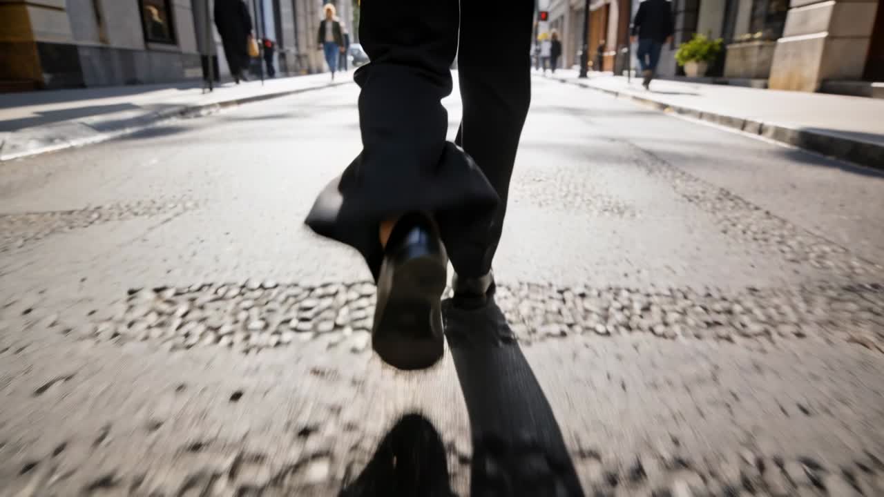 Una donna che scavalca una grata metallica, in pantaloni svasati neri e tacchi bassi, si dirige a grandi passi verso una strada illuminata dal sole.
