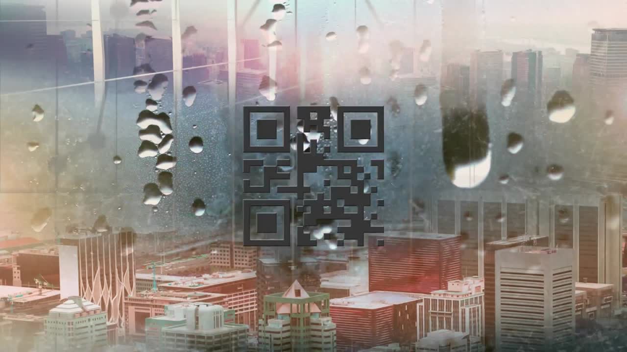 escáner de código qr con elementos de neón contra una ventana con gotas de lluvia y paisaje urbano