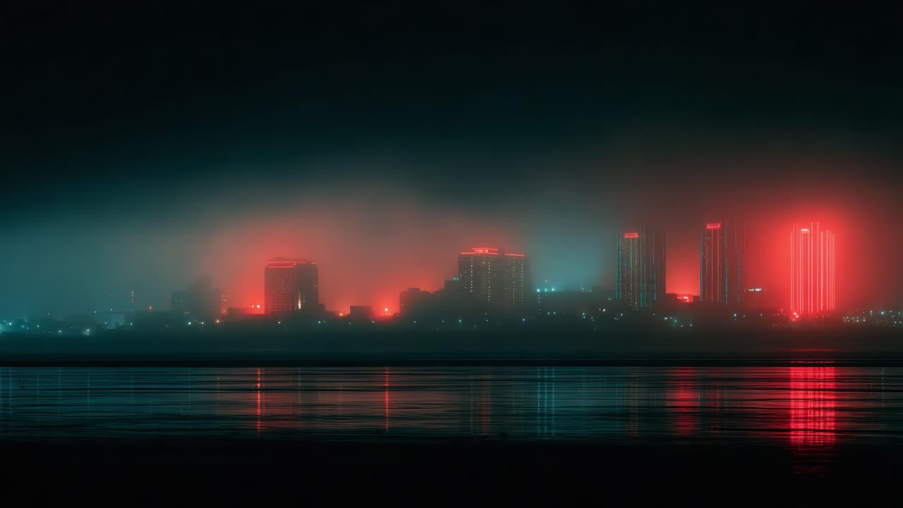 A captivating skyline shrouded in mist, illuminated by vibrant red lights reflecting on calm waters, creating a mysterious and serene nighttime atmosphere