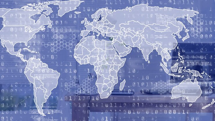 Animation of data processing with world map over desk with computer