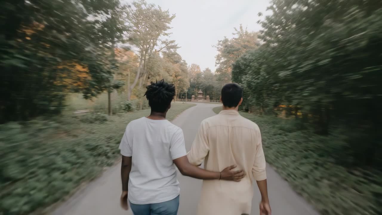 Walking two men approaching fountain, wearing white tee, jeans and beige tunic down tree-lined path