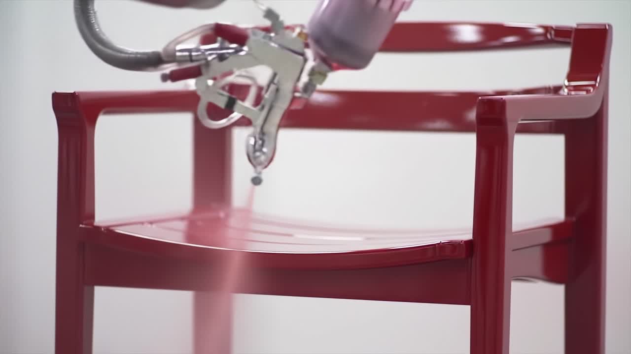 A Close-Up Video Sequence Showcasing the Precision Application of Paint on a Red Plastic Chair, Capturing the Transformation of Its Surface and Texture