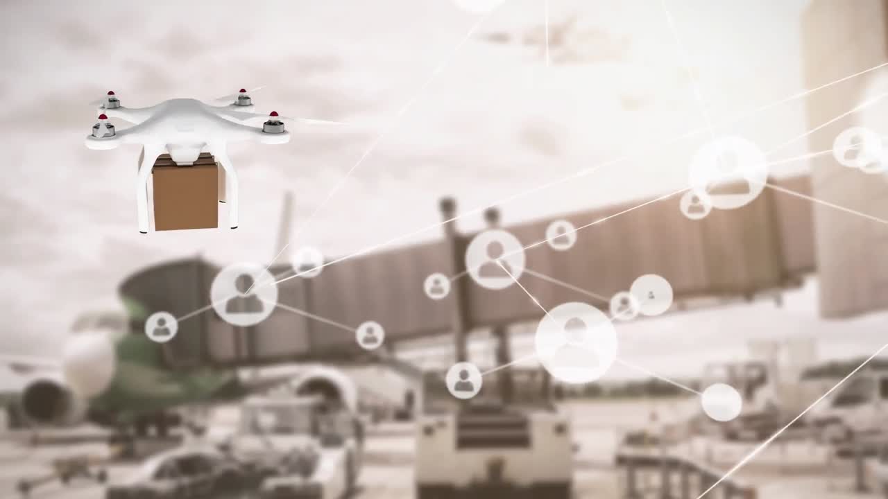 아이콘과 공항 상자 위의 드론을 가진 연결 네트워크의 애니메이션