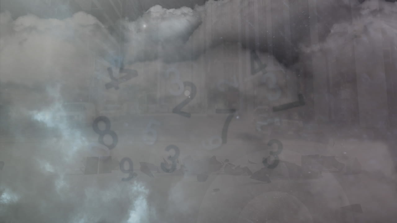 Animazione di numeri che cambiano su nuvole grigie tempestose e fulmini.