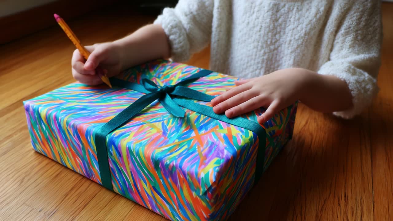 A Child's Joyful Anticipation: Present Decoration with Colorful Wrapping and Ribbon Carefully Detailed with a Pencil, Perfect for Holidays or Special Celebrations