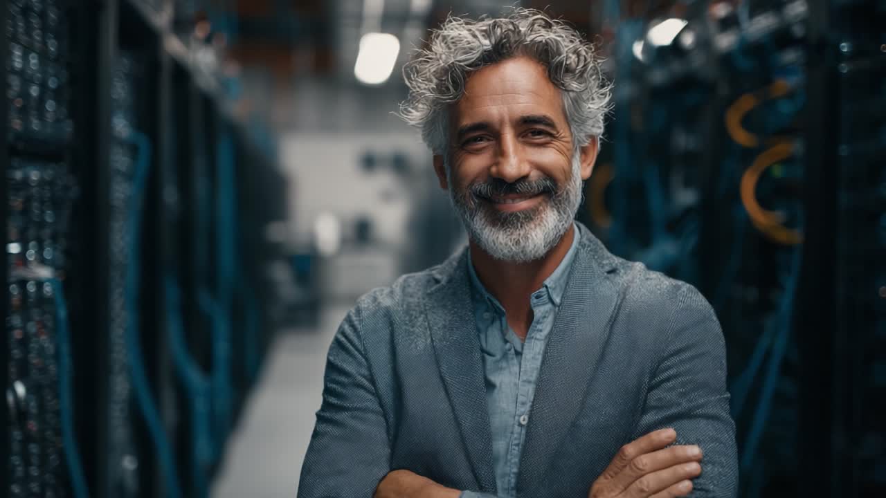 Selvsikker it-specialist i datacentret: En smilende mand poserer foran kameraet omgivet af avanceret teknologi og serverracks, der viser en passion for innovation og forbindelse.