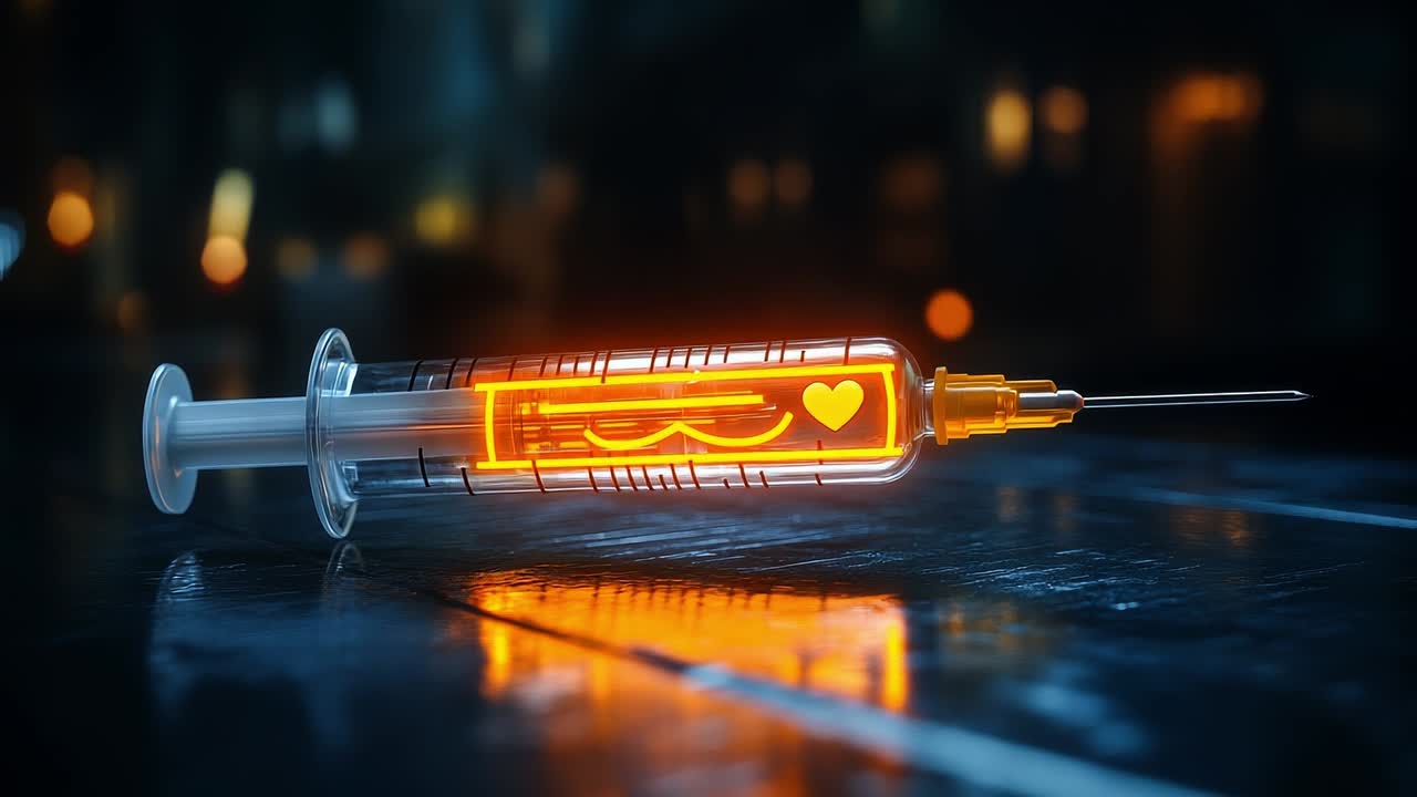 Glowing orange syringe on table. A syringe with bright orange liquid glows softly on a dark surface.