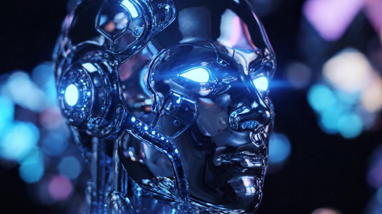 Una visualizzazione mozzafiato di un volto robotico futuristico con caratteristiche luminose, che evidenzia l'intersezione tra tecnologia e arte nella robotica moderna.