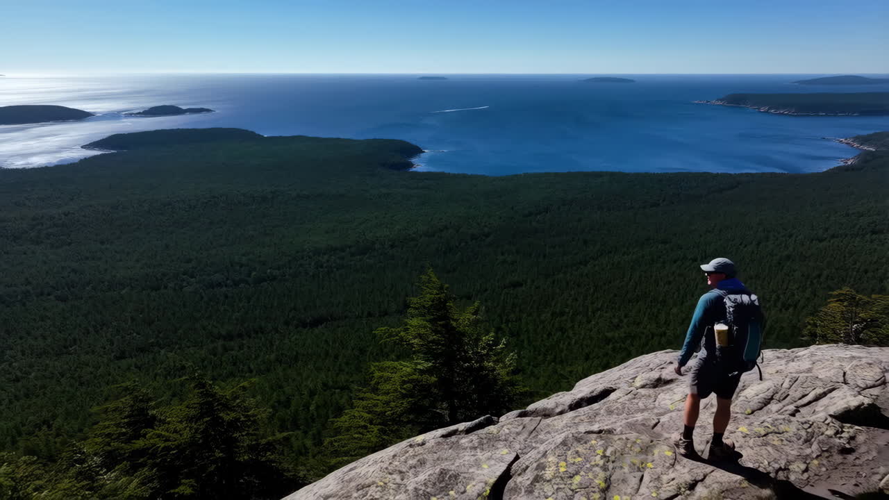 Hiker enjoying a vast scenic vista of forest and ocean from a mountain peak