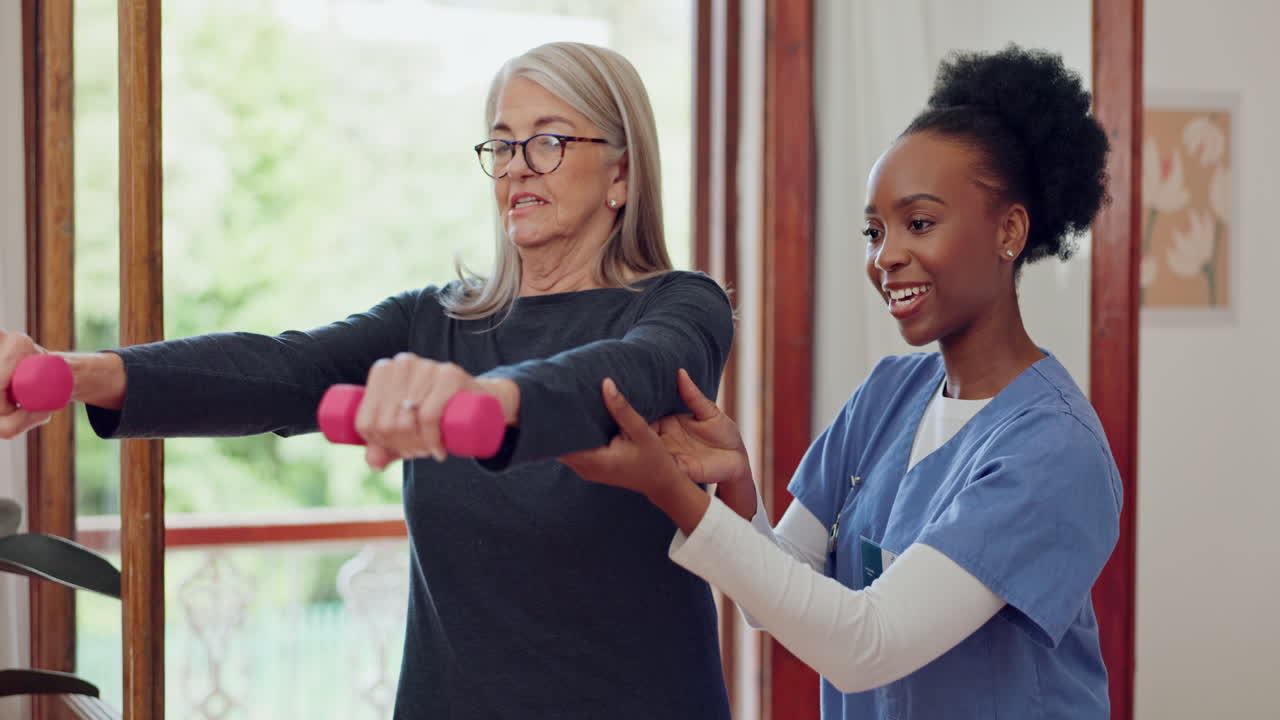 Nurse, senior woman and stretching with dumbbells