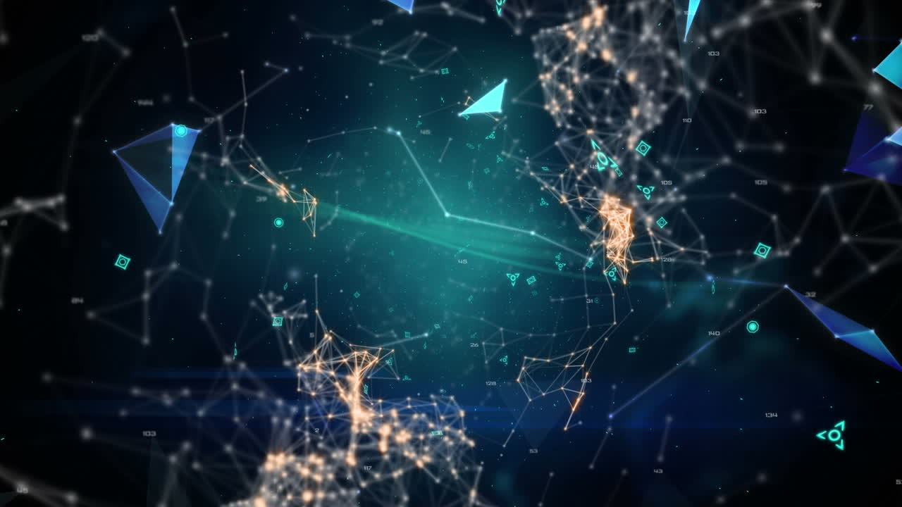 Animação de marcadores em movimento com redes de conexões brilhantes.