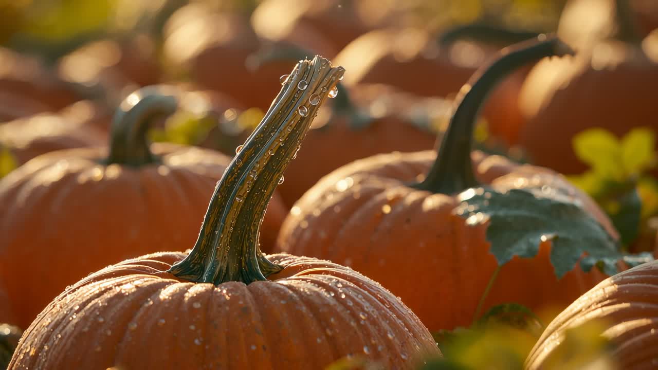 Capturing single orange pumpkin stem glistening under golden morning light in farm field, dewdrops
