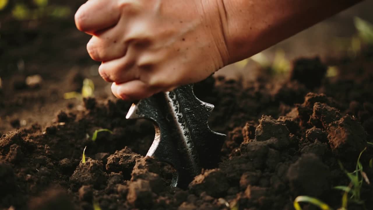 Gripping bare hand driving serrated cultivator into garden bed, preparing soil for seedlings