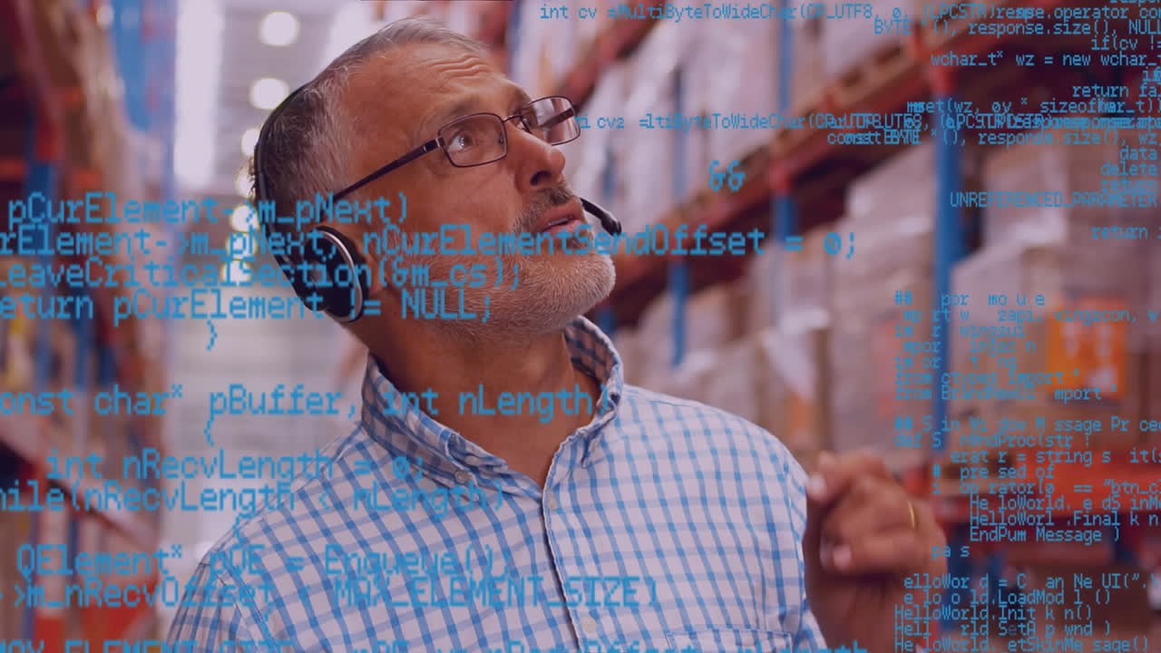 Animation of data processing over man working in warehouse