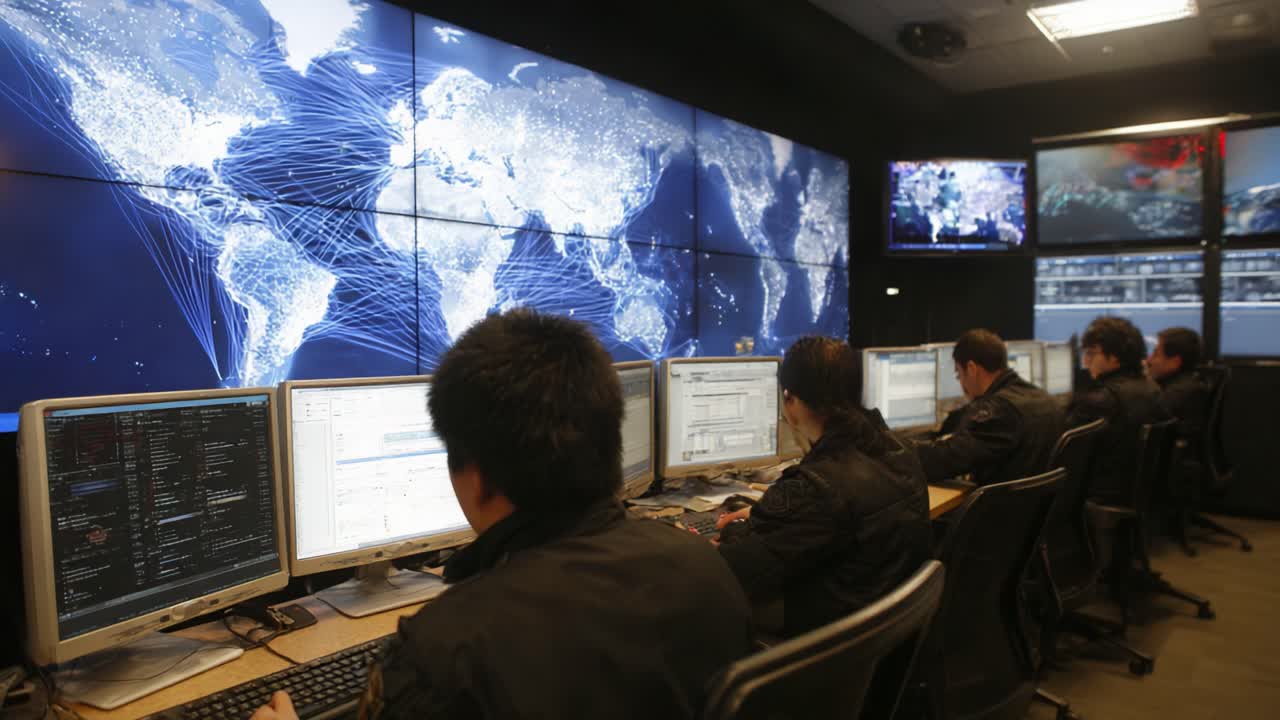 High-Tech Operations Center Monitoring Global Networks and Data Traffic with Advanced Technology and Real-Time Analysis by Professional Analysts in a Modern Environment